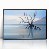 Framed acrylic artwork showcasing a serene beach landscape with vibrant colors, black frame accentuating the scene, perfect for coastal home decor.