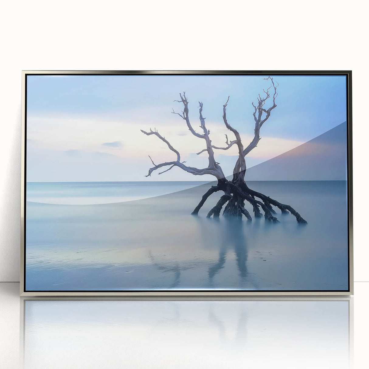 Framed acrylic artwork showcasing a serene beach landscape at sunset, featuring vibrant colors of the sky reflecting on the water, perfect for coastal-themed decor.