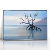 Framed acrylic artwork showcasing a serene beach landscape with gentle waves and a clear blue sky, presented in a sleek white frame for a modern aesthetic. Ideal for coastal decor enthusiasts.