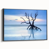 Framed canvas artwork depicting a serene beach landscape in vibrant colors, featuring a sleek black frame that enhances the visual appeal for home decor.