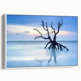 Framed canvas artwork depicting a serene beach landscape in soft pastel hues, showcasing gentle waves and a clear sky, with a sleek white frame enhancing its elegance. Ideal for coastal-themed decor.