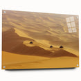 Acrylic glass artwork depicting a vibrant desert landscape, showcasing warm desert hues and intricate details, framed with pins for an elegant display.