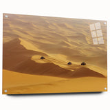 Acrylic glass artwork depicting a vibrant desert landscape, showcasing warm desert hues and intricate details, framed with pins for an elegant display.