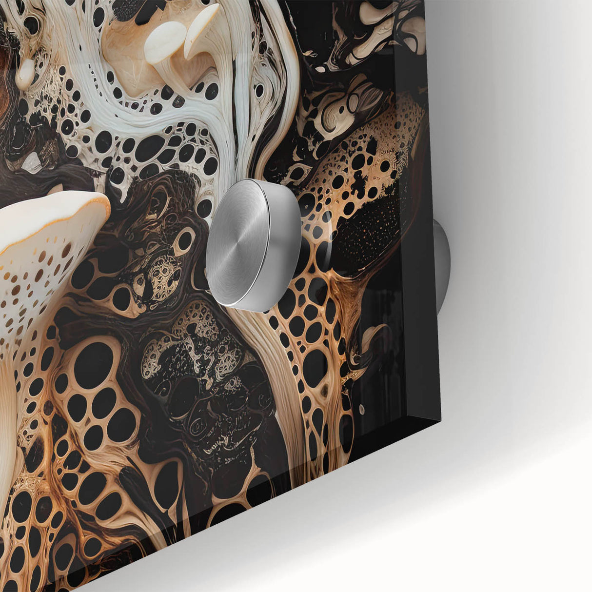Large abstract wall art in muted earth tones on acrylic glass, ideal for dining room art in a mid-century modernist style.
