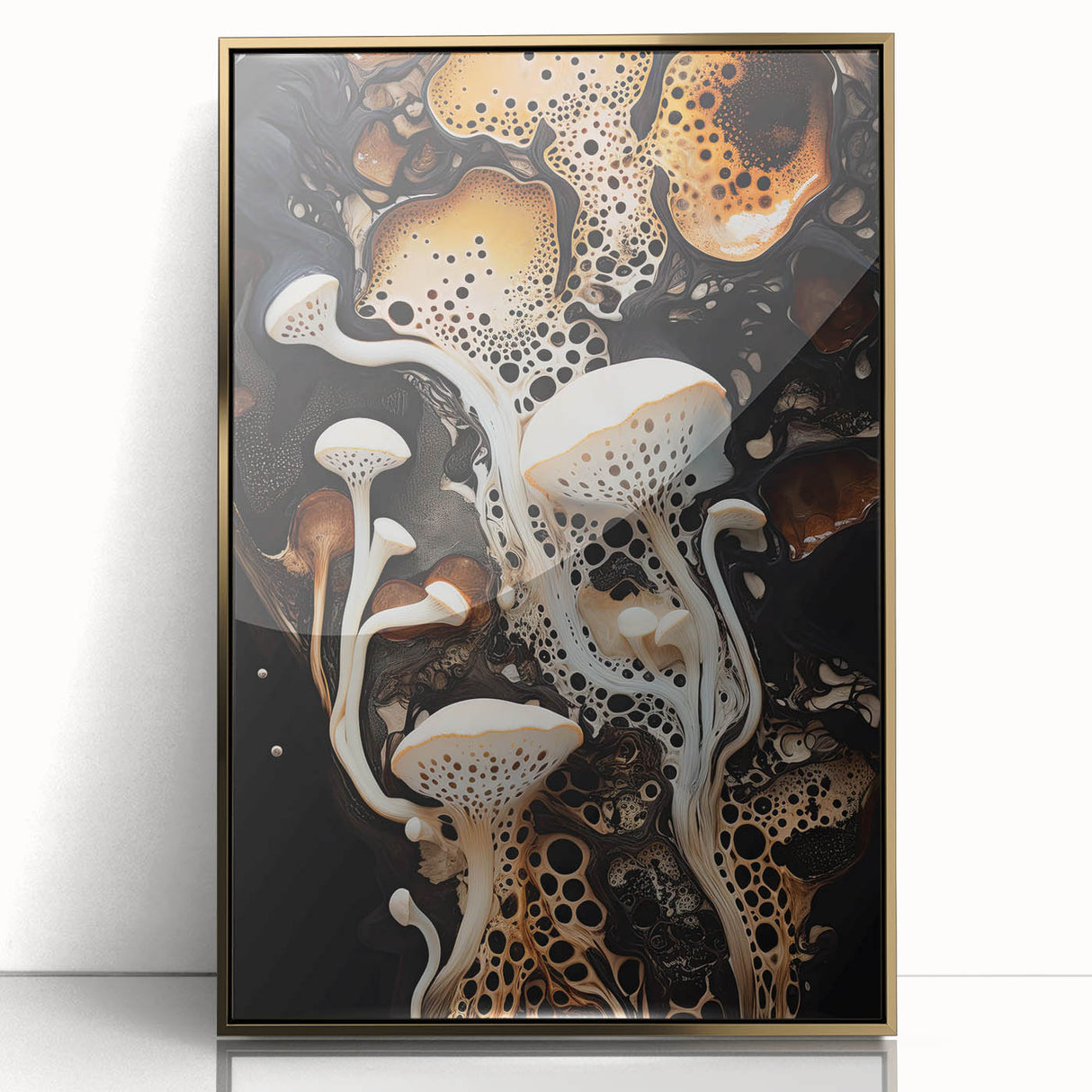 Large art print of mid-century modernist elements in gold and black, acrylic framed, ideal for modern art wall decor.