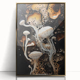 Large art print of mid-century modernist elements in gold and black, acrylic framed, ideal for modern art wall decor.