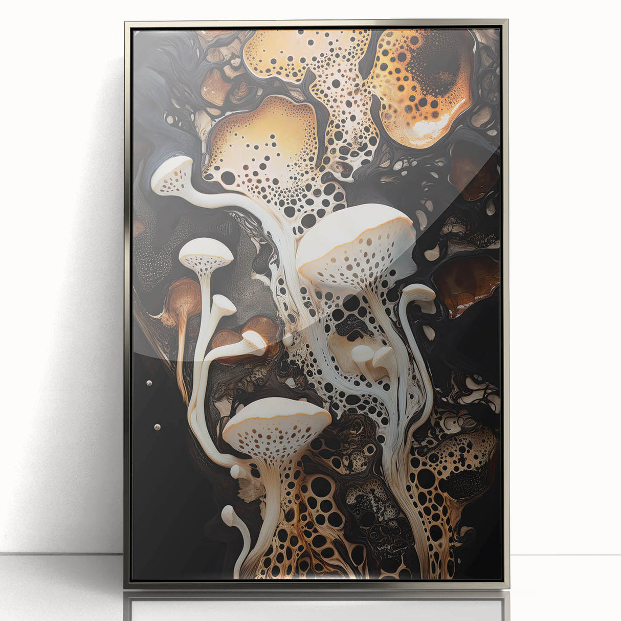 Mid-century modernist art featuring geometric shapes in silver and gray tones on an acrylic framed print.