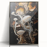 Mid-century modernist art featuring geometric shapes in silver and gray tones on an acrylic framed print.