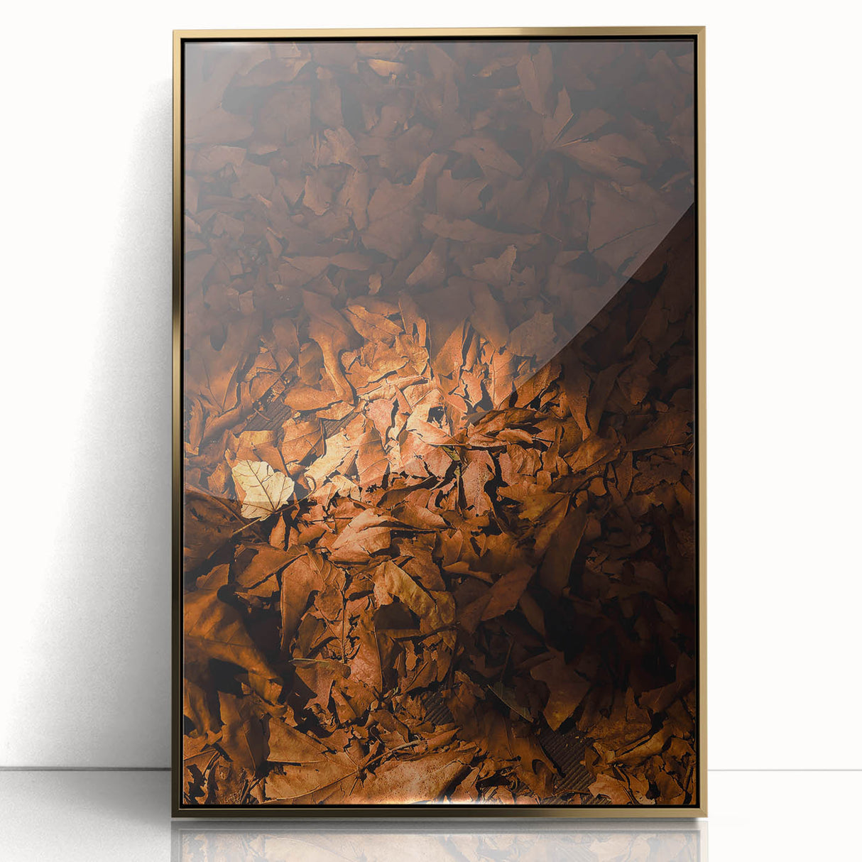 Large art print of a mid-century modernist fall scene in warm gold tones on framed acrylic, suitable for nursery wall decor.