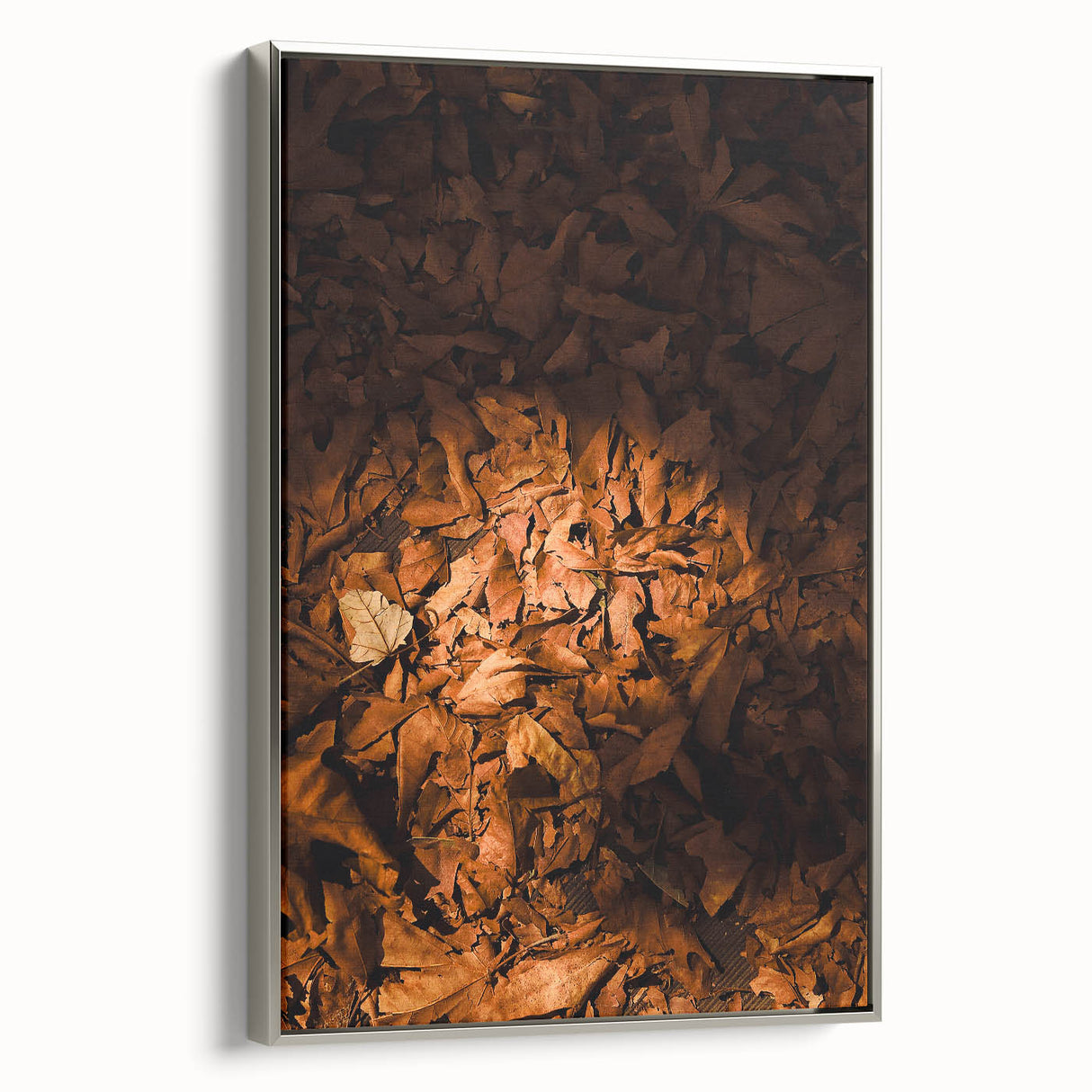 Framed canvas depicting a vintage landscape painting with colorful autumn trees against a black background.