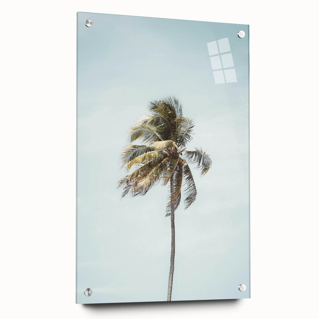 Large abstract wall art in blue and green hues on acrylic glass, suitable for bedroom or dining room decor.