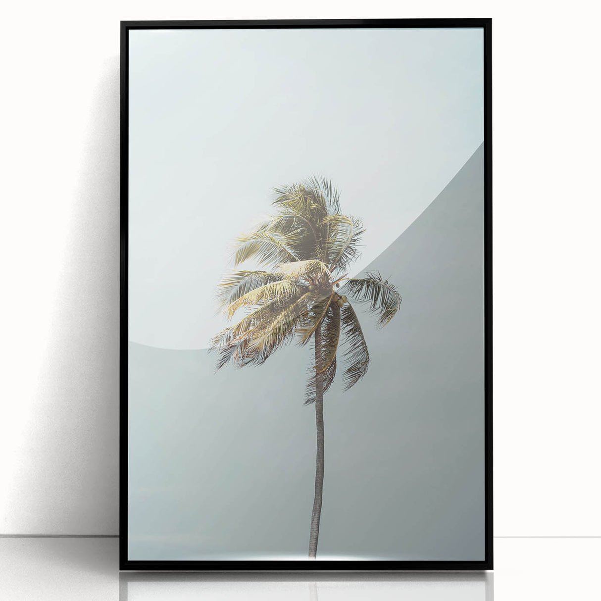 Large abstract wall art featuring swirling blue and teal forms on a black acrylic frame.