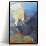 Large abstract wall art featuring swirling blue and yellow patterns on acrylic, framed in black.