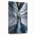 Acrylic glass artwork depicting a stunning landscape with caves, showcased from the side view, featuring vibrant colors and intricate details, ideal for modern home decor.