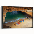 Framed canvas art depicting a stunning landscape of rugged cliffs, showcasing earthy tones and intricate details, with a sleek black frame enhancing its elegance.