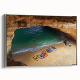 Framed canvas artwork depicting dramatic cliffs under a vibrant sunset, showcasing rich colors and textures, with a sleek silver frame enhancing its elegance. Perfect for modern home decor.