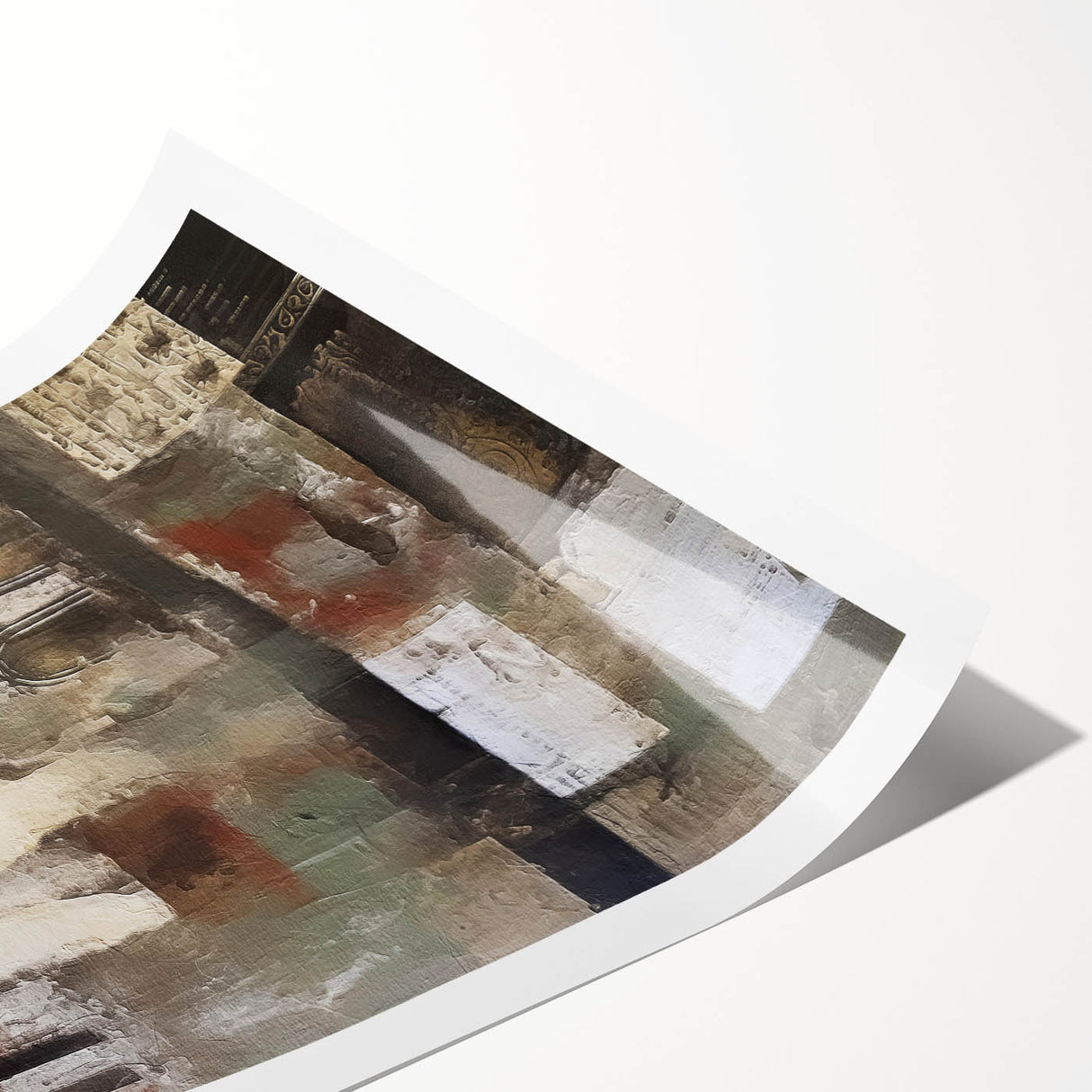 Abstract architectural wall art print showcasing geometric shapes and vibrant colors, rolled and ready for display, perfect for modern home décor.