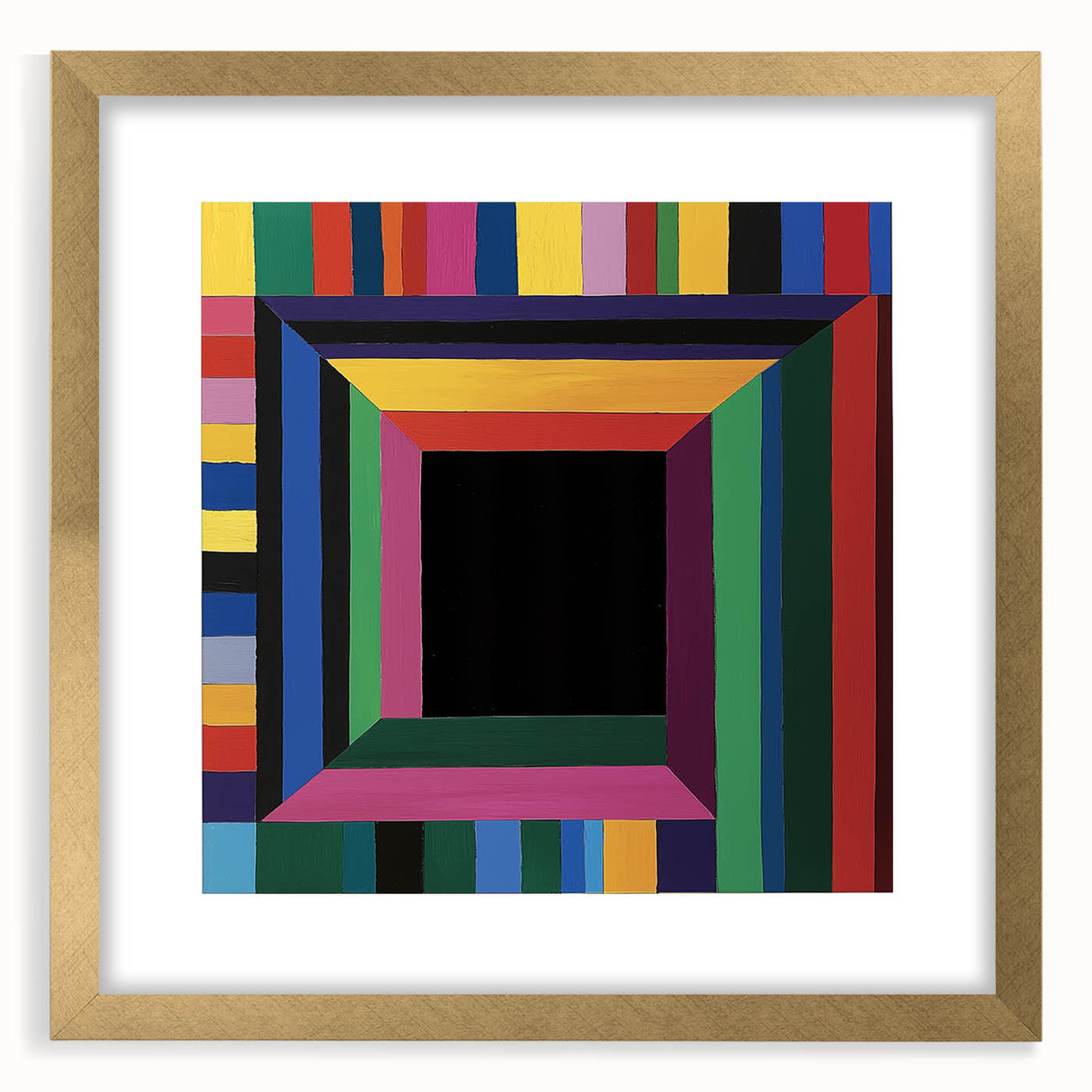 Abstract geometric frame in gold with a mat, showcasing a modern design from the front view, ideal for contemporary art displays and home decor. Perfect for enhancing interior aesthetics in living rooms or offices.