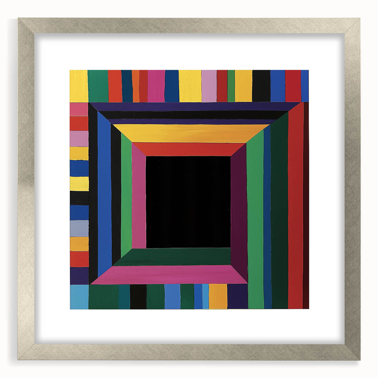 Abstract geometric frame in silver with a mat, showcasing a modern front view design, perfect for contemporary home decor or art displays.