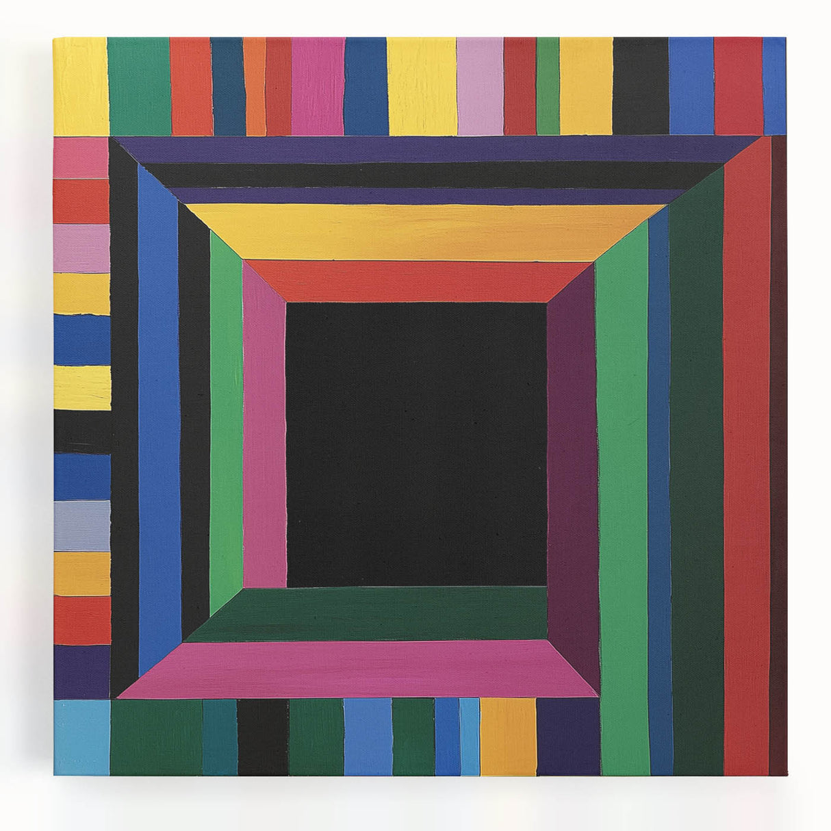 Abstract geometric design stretched canvas artwork showcasing vibrant colors and bold shapes, ideal for modern home decor. Perfect for adding a contemporary touch to living spaces.