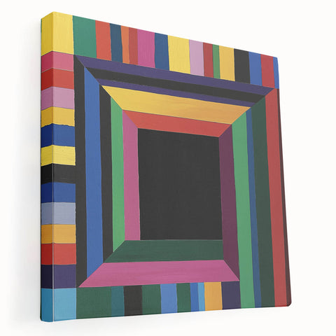 Abstract geometric stretched canvas artwork showcasing vibrant colors and sharp angles, perfect for modern decor. The side view highlights its thick frame, ideal for adding a contemporary touch to any room.