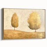 Framed abstract landscape wall art featuring gold accents, showcasing a modern design with soft hues and textured details, perfect for contemporary decor.