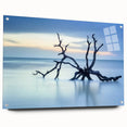 Acrylic glass artwork depicting a serene beach landscape, viewed from the side with decorative pins, showcasing vibrant colors and tranquil scenery for home decor.