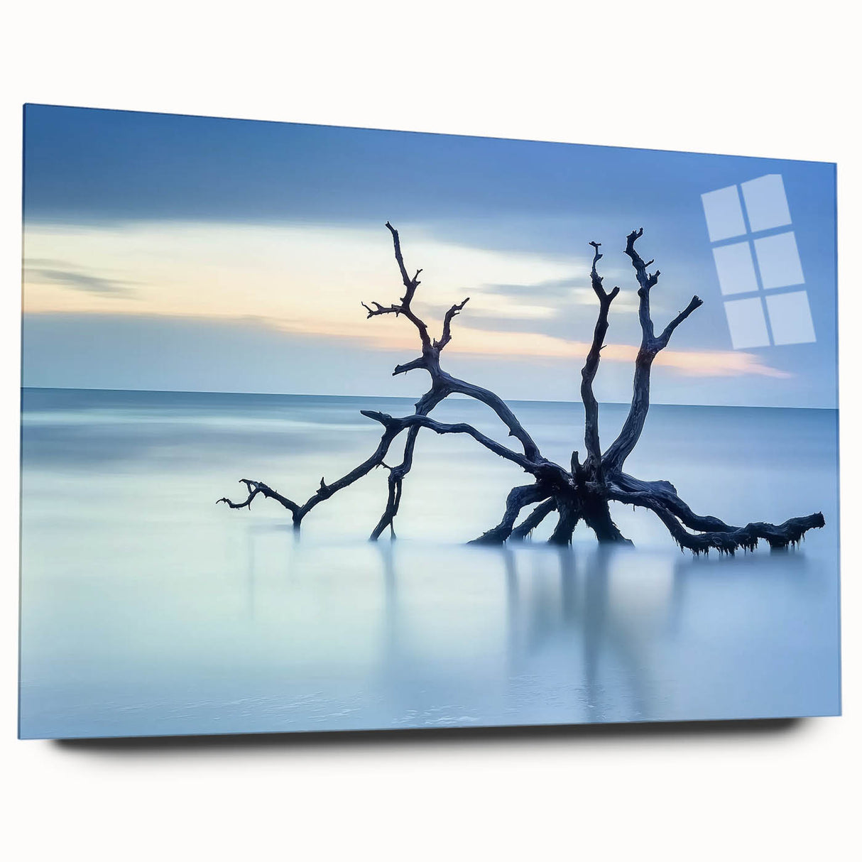 Acrylic glass beach landscape artwork in a side view, showcasing vibrant colors and serene ocean waves, perfect for coastal home decor or art enthusiasts.