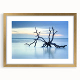 Framed landscape artwork depicting serene beaches with soft waves and golden matting, ideal for enhancing coastal-themed interior decor.