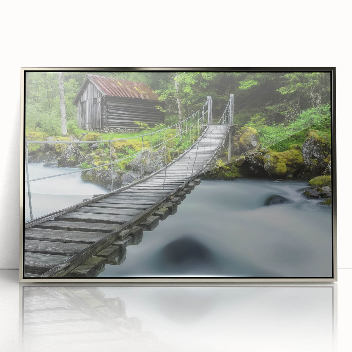 Framed acrylic landscape artwork showcasing a serene bridge scene in silver tones, designed to enhance modern home decor with elegance and tranquility.