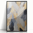 Large abstract wall art print featuring black and white geometric shapes, framed in black acrylic.