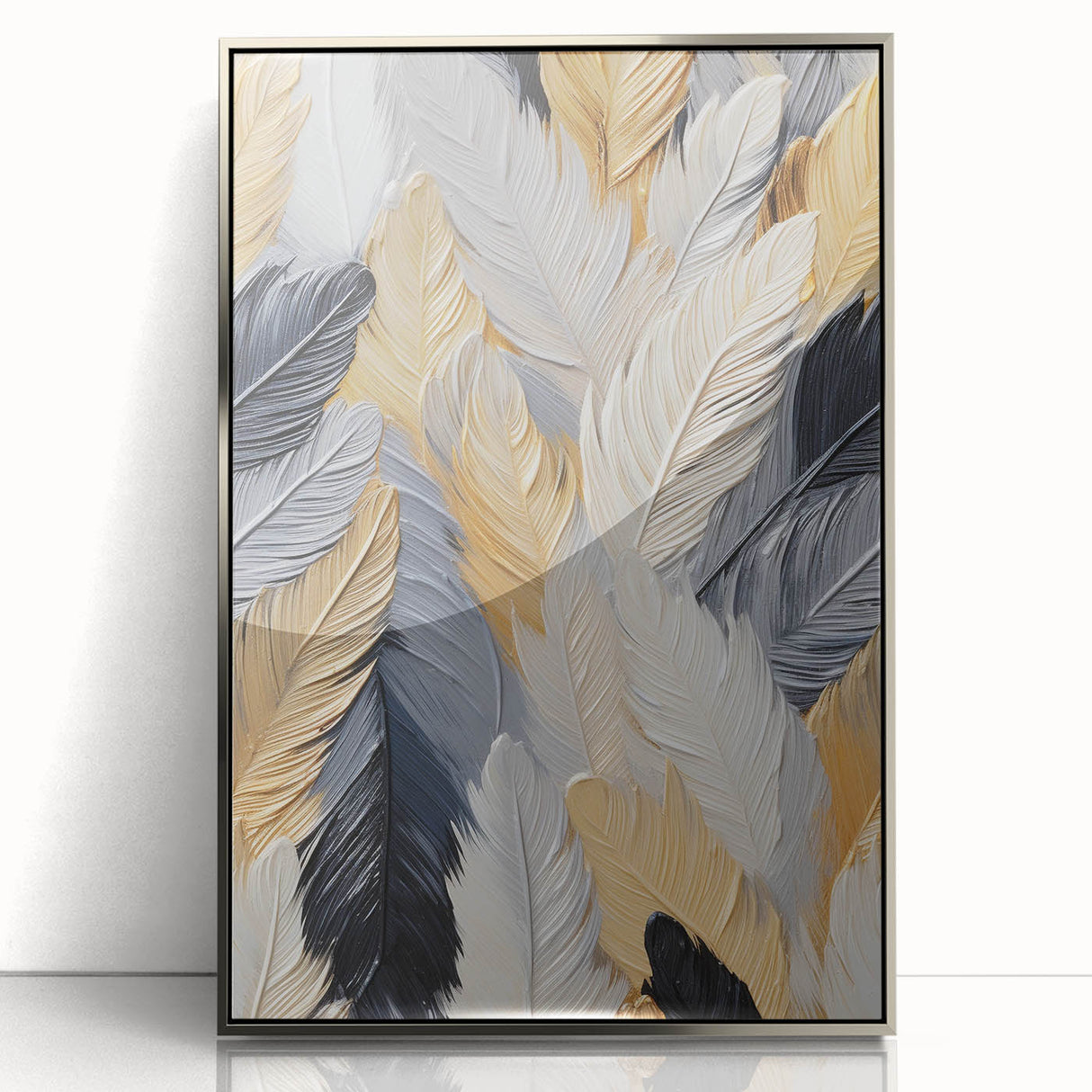 Art deco poster featuring geometric shapes in silver and gray tones, framed acrylic, ideal for modern nursery wall art.