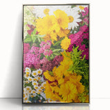 Mid-century modernist art depicting spring season in pastel shades, framed in silver acrylic, suitable for nursery wall art.