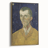 Side-view of a framed canvas depicting Van Gogh landscape in gold, black, and blue tones, ideal for bedroom wall art.