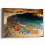 Framed canvas artwork depicting a stunning landscape with dramatic cliffs and golden accents, showcased from a side view, enhancing any modern decor.