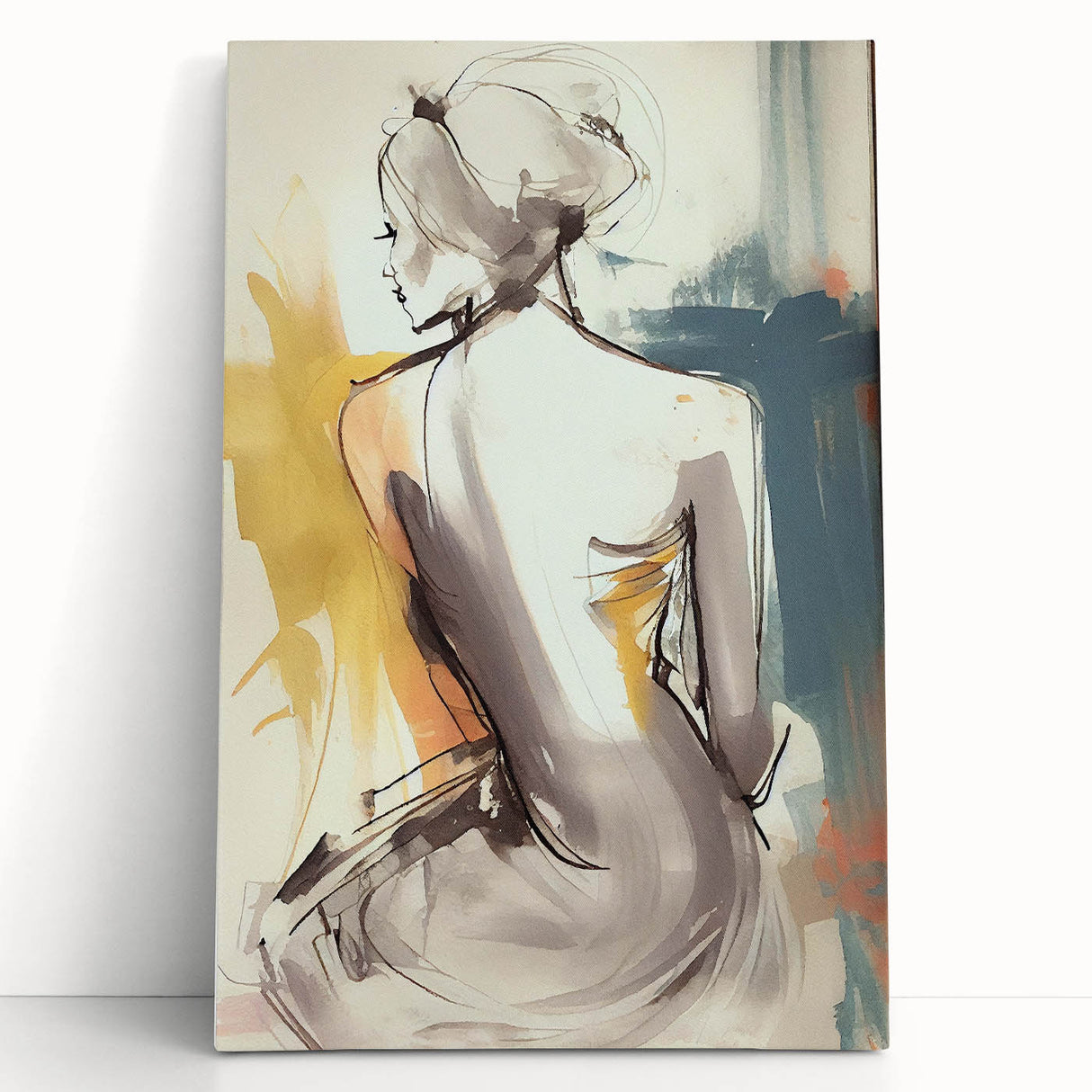 Abstract figurative wall art on stretched canvas, showcasing vibrant colors and dynamic shapes, leaning against a white wall, ideal for modern home decor.