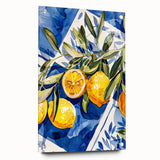 Acrylic print of large abstract fruit motifs in vibrant colors, ideal for dining room decor.