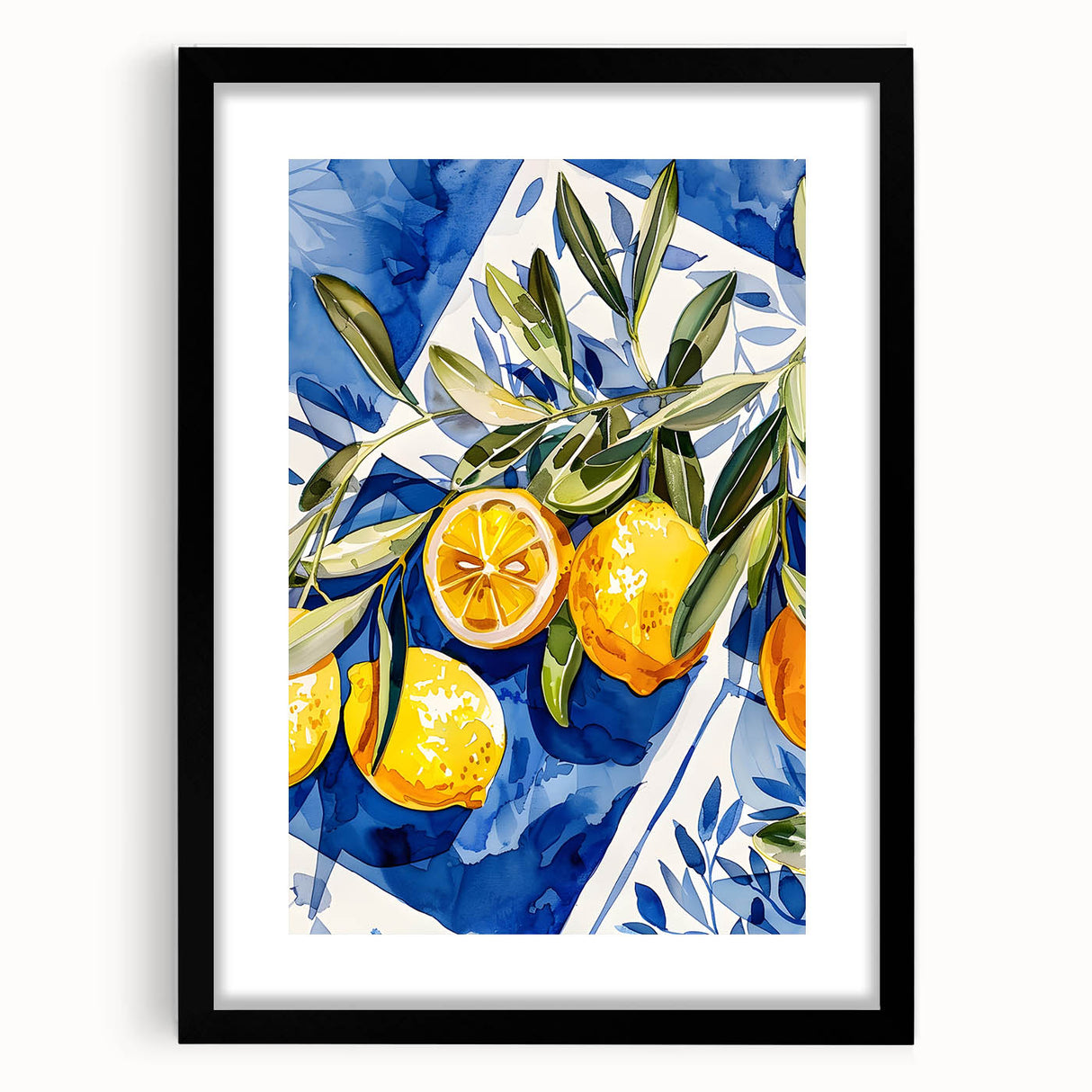 Extra large abstract art print featuring colorful, textured fruit designs on a black framed canvas.