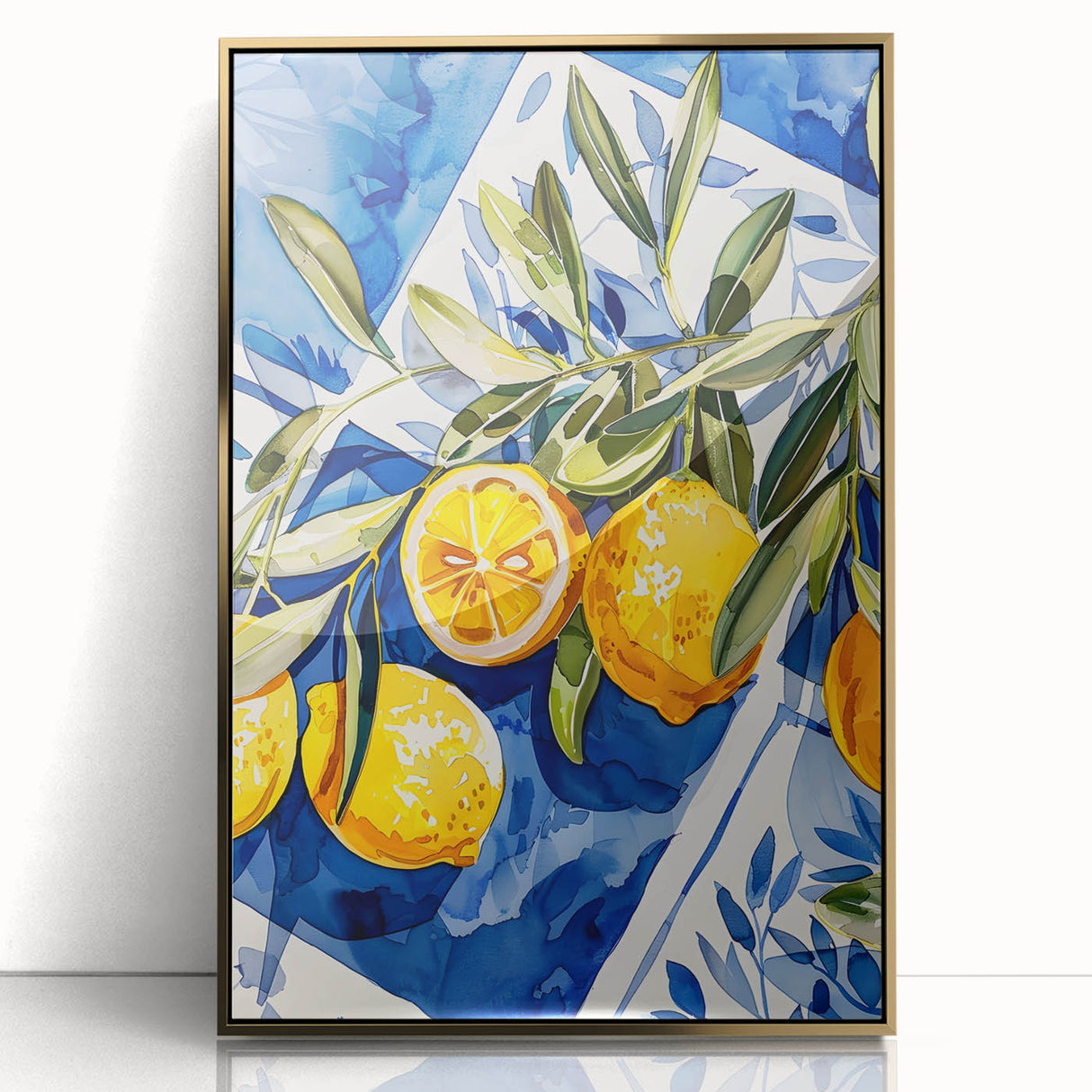 Large art print of assorted fruits in vibrant colors on a gold framed acrylic, styled in mid-century modernist design.