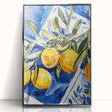 Mid-century modernist art depicting assorted fruits in vibrant colors, framed in silver acrylic.