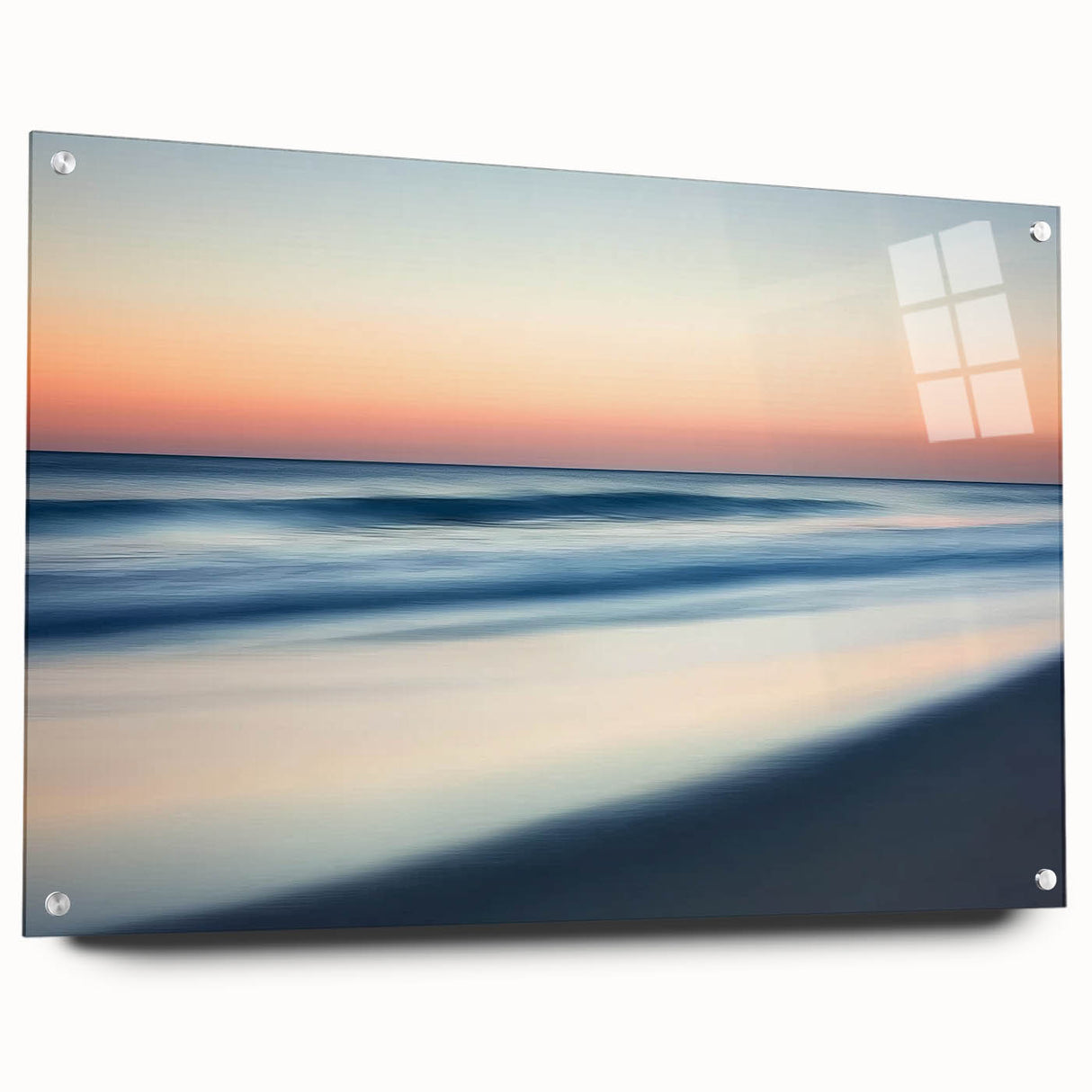 Acrylic wall art showcasing a serene beach landscape with vibrant colors, displayed in a side view with mounting pins, perfect for enhancing interior decor.