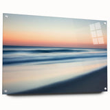 Acrylic wall art showcasing a serene beach landscape with vibrant colors, displayed in a side view with mounting pins, perfect for enhancing interior decor.