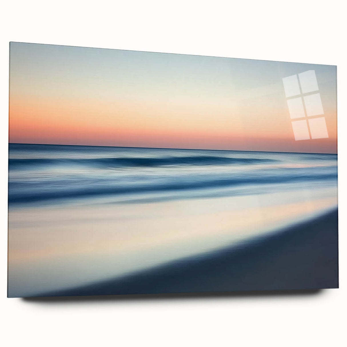 Acrylic landscape artwork depicting serene beaches, showcasing vibrant colors and intricate details, presented from a side view without pins for a sleek display.