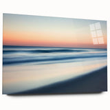 Acrylic landscape artwork depicting serene beaches, showcasing vibrant colors and intricate details, presented from a side view without pins for a sleek display.