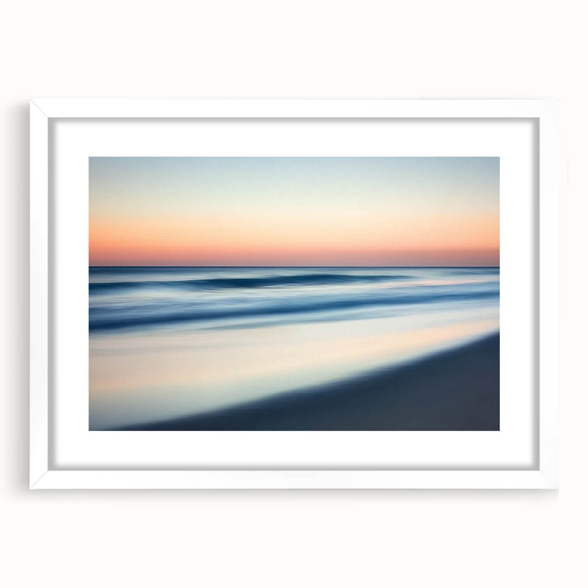 Framed beach landscape artwork with a white mat, showcasing vibrant colors and serene ocean waves, perfect for home decor and coastal-themed interiors.