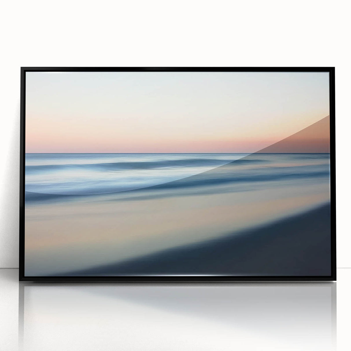 Framed acrylic landscape artwork showcasing a serene beach scene with vibrant blue skies and gentle waves, highlighting the beauty of coastal tranquility. Perfect for enhancing home decor with a touch of nature-inspired elegance.