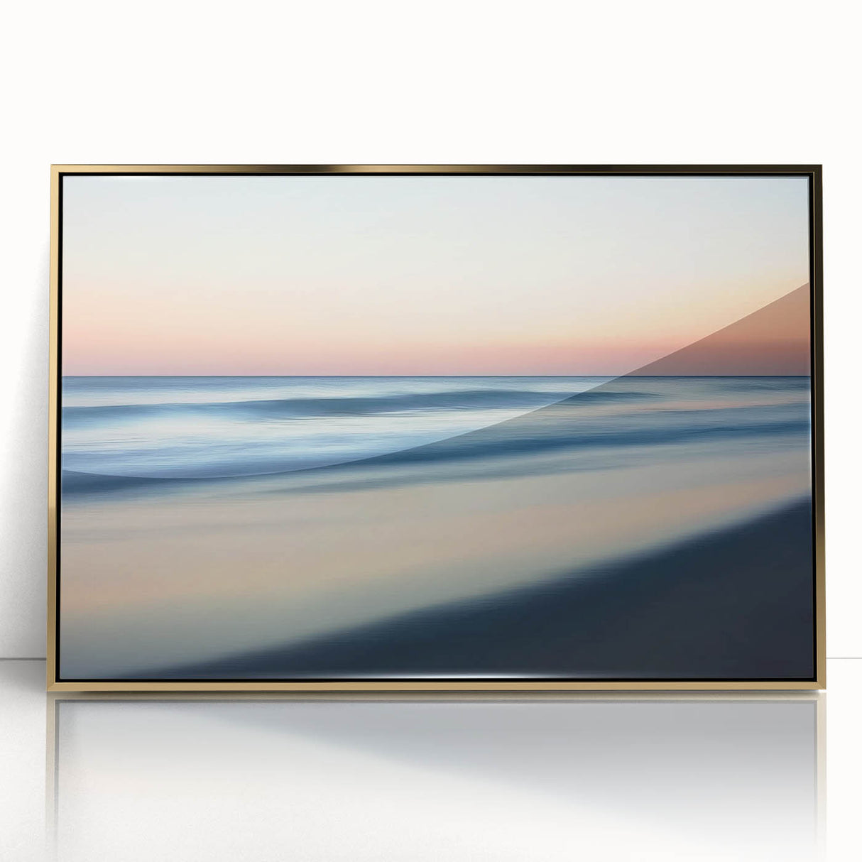 Framed acrylic artwork showcasing a serene beach landscape with golden hues, ideal for home decor, adding a touch of elegance and tranquility to any space.