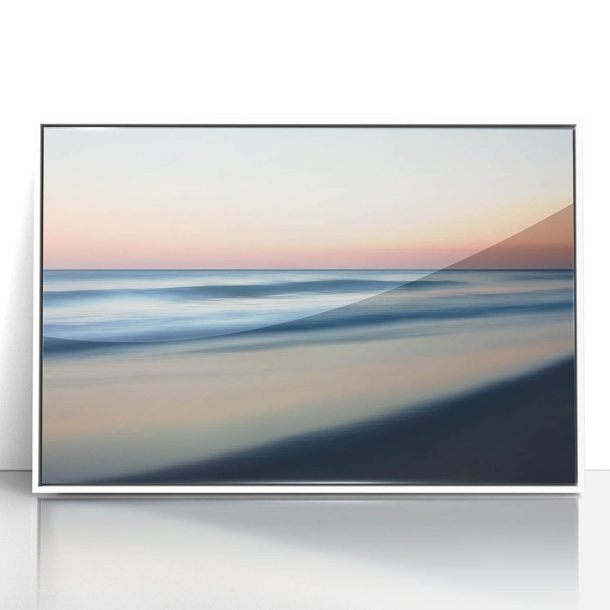 Framed acrylic artwork showcasing a vibrant beach landscape with white accents, perfect for coastal decor, adding a serene and tropical vibe to any space.