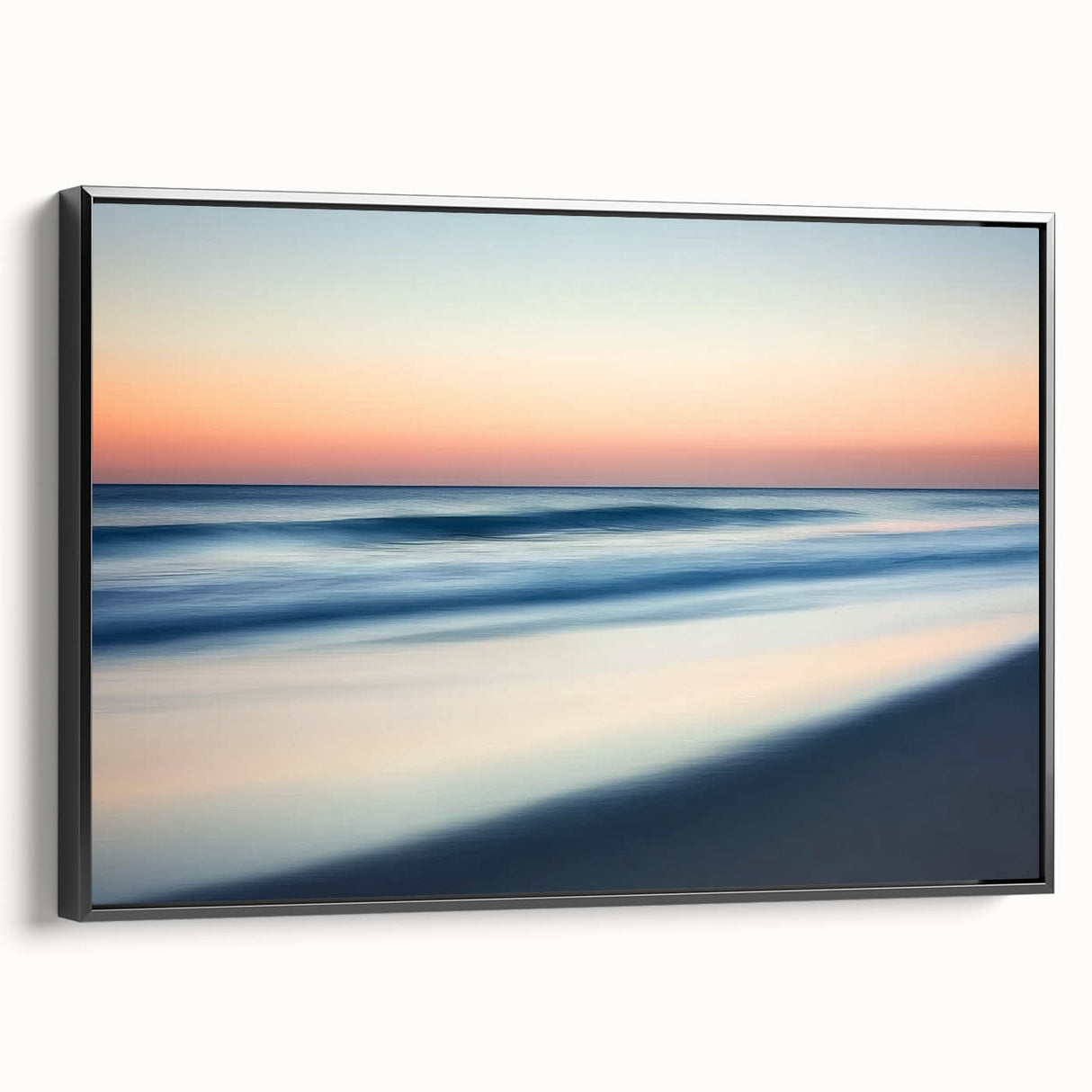 Framed canvas art showcasing a serene beach landscape with vibrant colors, presented in a sleek black frame, ideal for home decor and coastal-themed interiors.