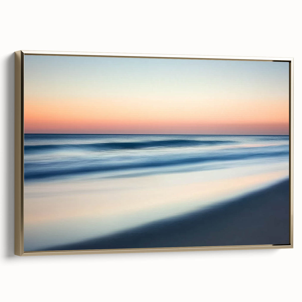 Framed canvas artwork depicting a serene beach landscape with soft golden hues, showcasing gentle waves and palm trees, perfect for coastal home decor.